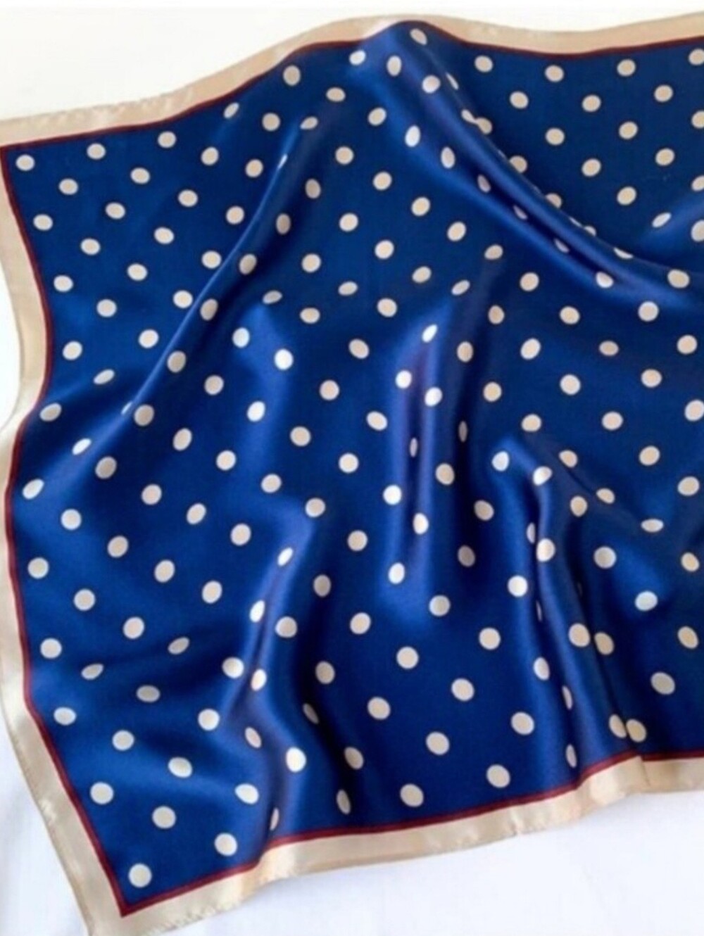 Silk - Feel Blue Polka Dot Silk Scarf with Cream Border